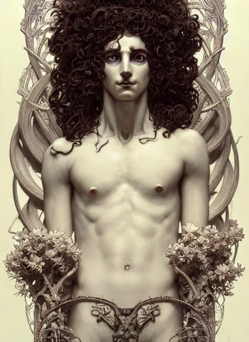 Image similar to the god hermes, young man, curly hair, glowing eyes, volumetric lights, cyan and white scheme, art nouveau botanicals, gothic, intricate, highly detailed, digital painting, artstation, concept art, smooth, sharp focus, symmetric face, illustration, steampunk, art by artgerm and greg rutkowski and alphonse mucha