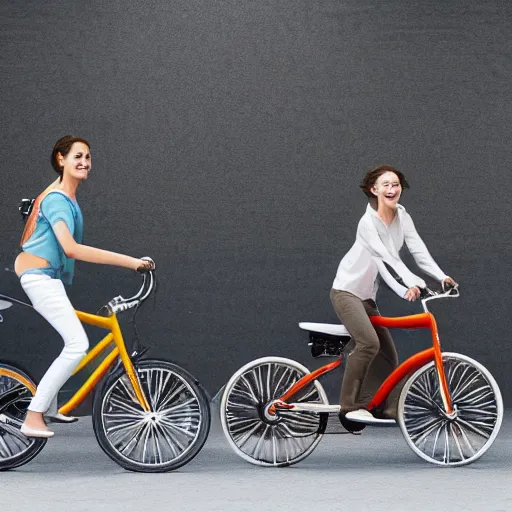 Prompt: two bicycles, one electric and one hybrid, with happy riders, realistic, detailed