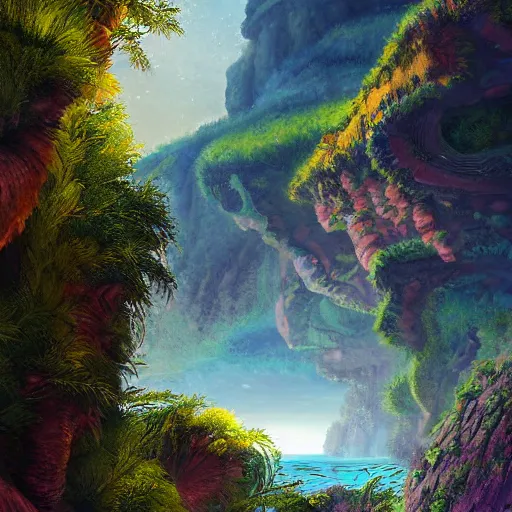 Image similar to digital painting of a lush natural scene on an alien planet by murayama hideo. digital render. detailed. beautiful landscape. colourful weird vegetation. cliffs and water.