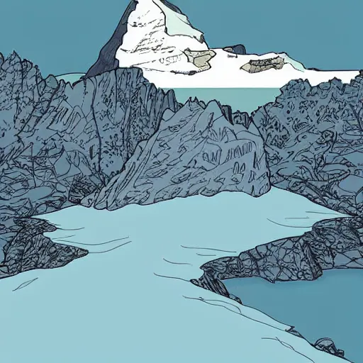 Prompt: “A beautiful winter day on the heavily crevassed glacier. Matterhorn in the background. Style of Hergé. Ligne Claire comic book illustration. No shading. Flat colors. Highly detailed.”