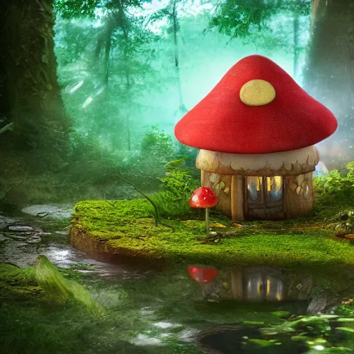 Image similar to A fairy tale toadstool-style house in magical forest, cinematic lighting, photo realistic image, 4K, super detailed, cinematic look, H 1024