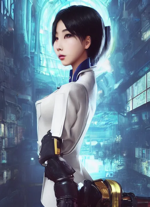 Image similar to portrait of angelababy, futuristic hong kong police uniform girl bioshock, au naturel, hyper detailed, digital art, trending in artstation, cinematic lighting, studio quality, smooth render, unreal engine 5 rendered, octane rendered, art style by klimt and nixeu and ian sprigger and wlop and krenz cushart