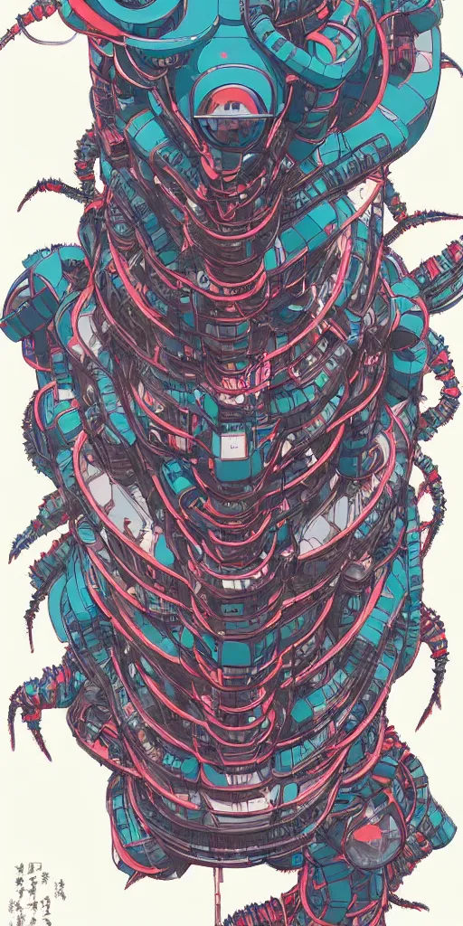 Image similar to a detailed design drawings of a colorful cyberpunk mechanical kaiju creature by tomer hanuka and by katsuhika hokusai trending on artstation