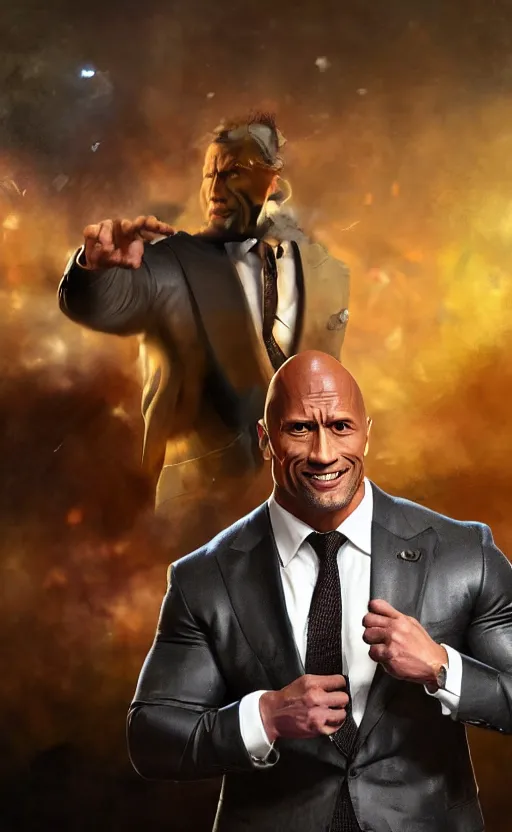 Prompt: dwayne johnson wearing a suit as the president of the united states, dynamic lighting, photorealistic fantasy concept art, trending on art station, stunning visuals, creative, cinematic, ultra detailed