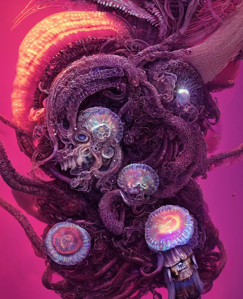 Image similar to goddess close-up portrait ram skull. jellyfish phoenix head, nautilus, orchid, ram skull, betta fish, bioluminiscent creatures, intricate artwork by Tooth Wu and wlop and beeple. octane render, trending on artstation, greg rutkowski very coherent symmetrical artwork. cinematic, hyper realism, high detail, octane render, 8k