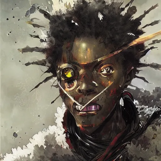 Prompt: afro samurai with robotic eyes in a dark fantasy cynerpunk style by greg rutkowski and android jones, oil on canvas, afrofuturism anime