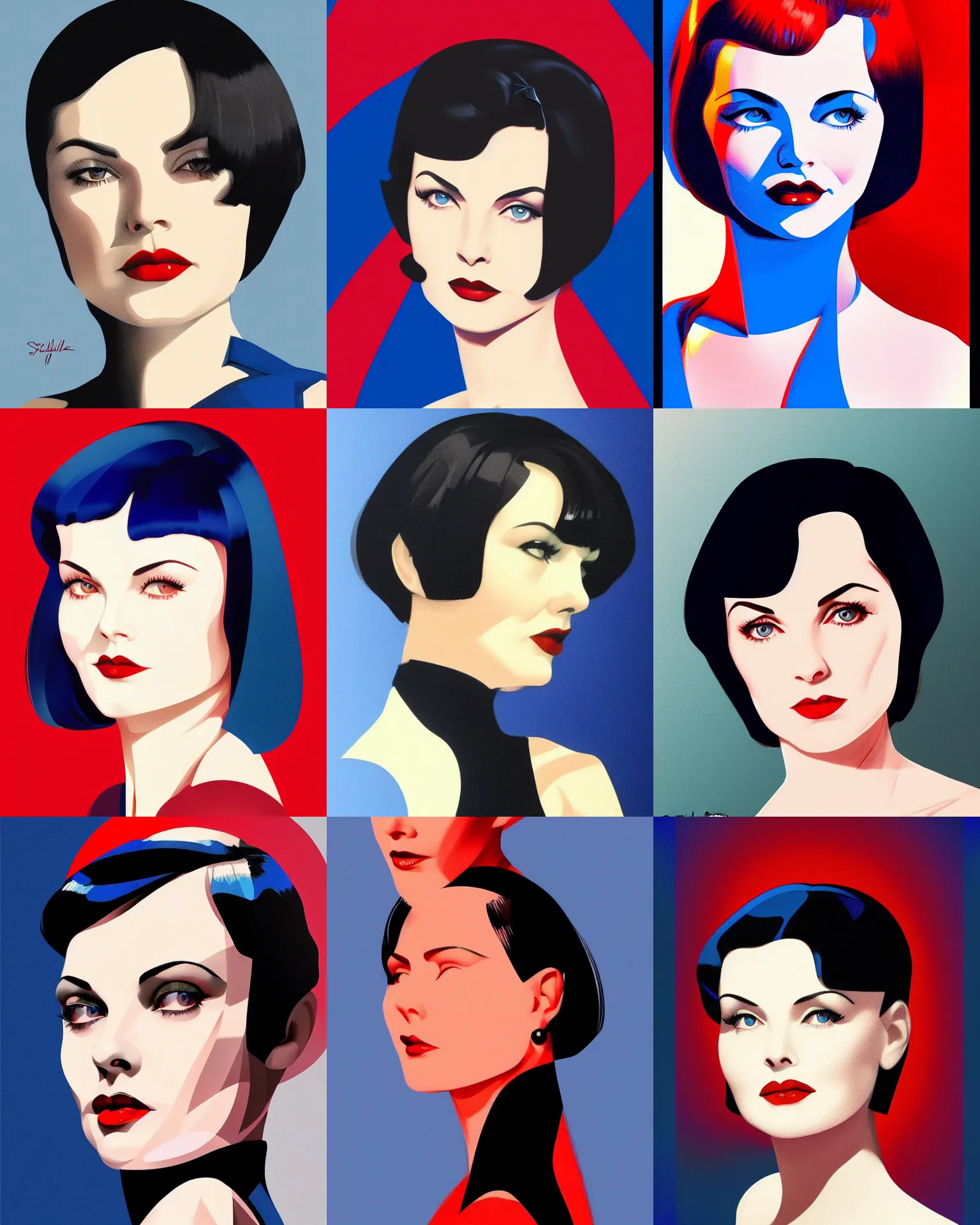 Prompt: sherilyn fenn 2 6 years old combined with mary louise brooks, bob haircut, portrait by stanley artgerm, dramatic lighting, ilya kuvshinov, trending on artstation, flat colour, geometric curves, gradient filter, red and blue back light