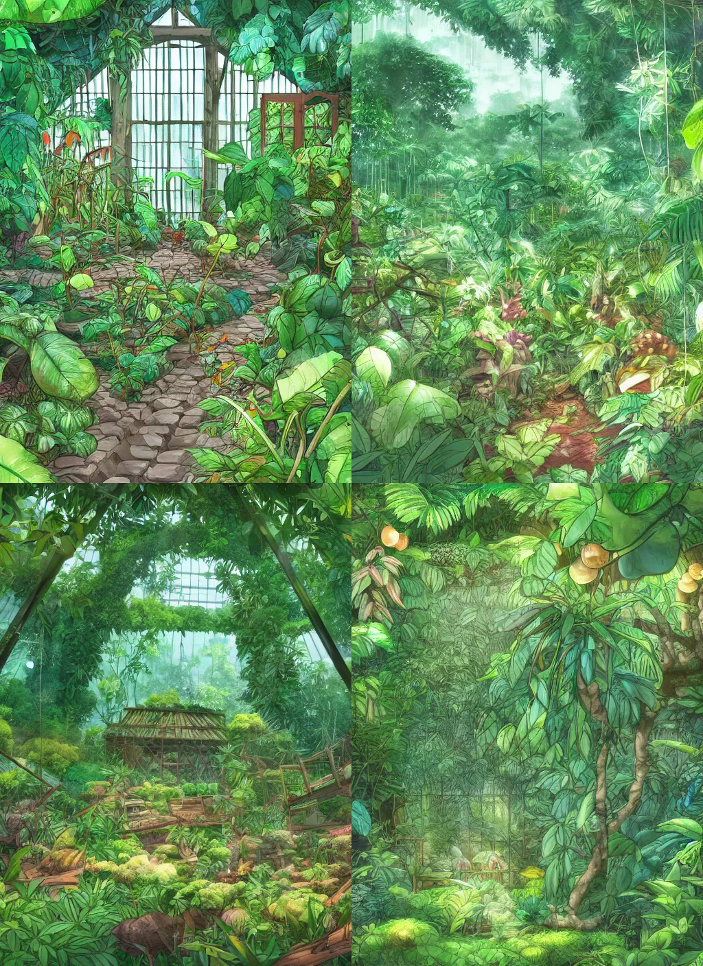 Prompt: a broken greenhouse full of cacuts out in a lush jungle, studio ghibli, digital art, fantasy lighting