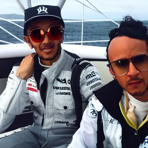 Image similar to character torrente and lewis hamilton on a boat