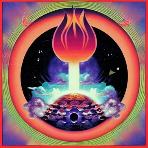 Prompt: 8 0 s new age album cover depicting a mushroom cloud in the shape of guy fieri, very peaceful mood