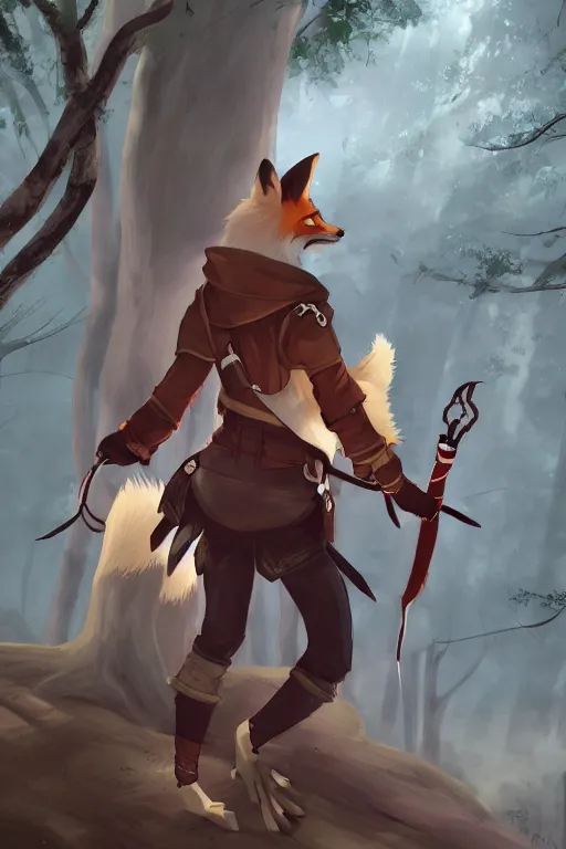 Prompt: a medevial anthropomorphic fox assassin with a fluffy tail in a forest, trending on pixiv, detailed, anime, warm lighting, backlighting, by kawacy, trending on furaffinity, furry art, fantasy art, assassins creed