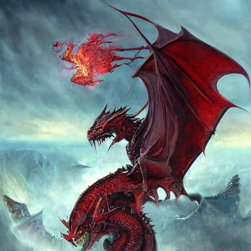 Prompt: epic fantasy painting of red dragon breathing fire towards knight, by john avon, by seb mckinnon, high detail, fantasy battle, by christopher rush