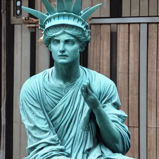 Image similar to (liberty statue sitdown pose) very convincing