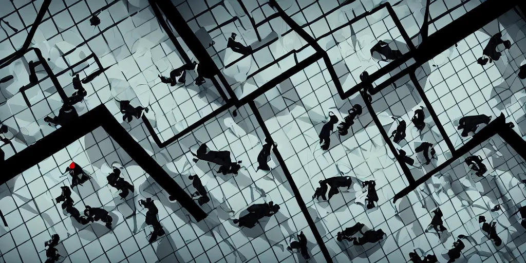 Image similar to woman wearing all black has shootout with staff, staff wearing hazmat suits, underground lab, MC Escher style architecture, sterile, unknown location, birds eye view, epic, light and shadows, concept art