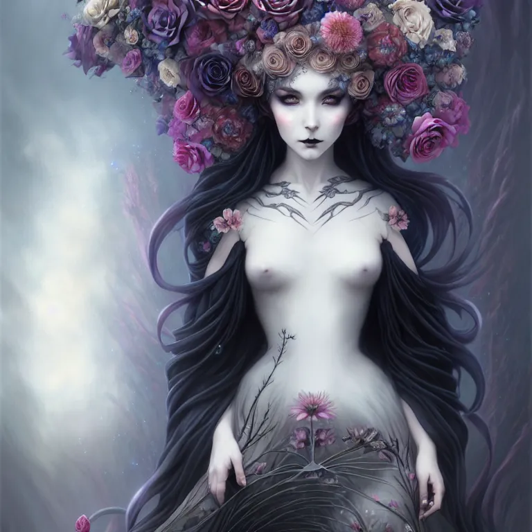 Prompt: stunning anime goddess hybrid of the floral river flowers, beautiful gothic dress in a dark romance, misty, by cgsociety, in the style of charlie bowater, tom bagshaw, intricate, beautiful, artstation 8 k, high resolutionsparkling atom fractals of jewls cords, by alex grey and hr giger