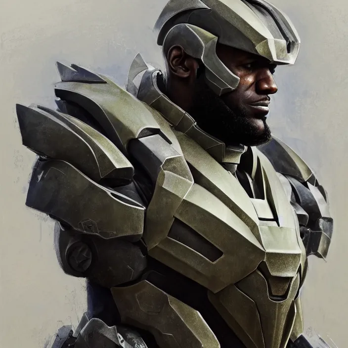 Image similar to LeBron James wearing Forerunner armor from Halo, countryside, calm, fantasy character portrait, dynamic pose, above view, sunny day, thunder clouds in the sky, artwork by Jeremy Lipkin and Giuseppe Dangelico Pino and Michael Garmash and Rob Rey and Greg Manchess and Huang Guangjian, very coherent asymmetrical artwork, sharp edges, perfect face, simple form, 100mm