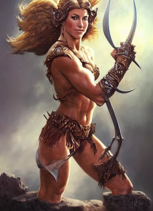 Image similar to a stunning medium shot portrait of julianne hough as a barbarian warrior, digital art by frank frazetta and boris vallejo and julie bell and moebius, highly detailed, trending on artstation, hq