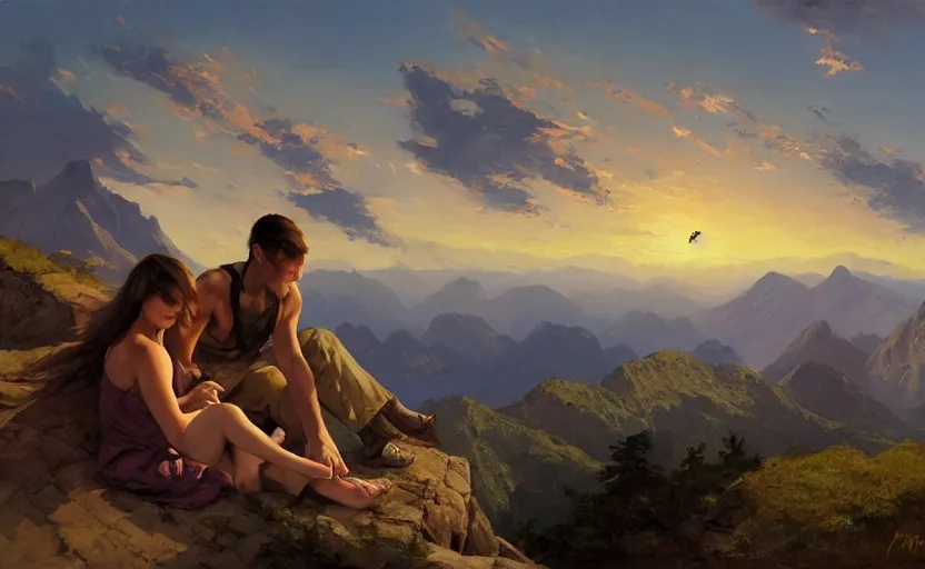 Image similar to A couple sitting on a cliff and watching the beautiful sunset, mountains, river, birds flying, beautiful view, oil on canvas by Frank Frazetta, digital art, WLOP, Mandy Jurgens