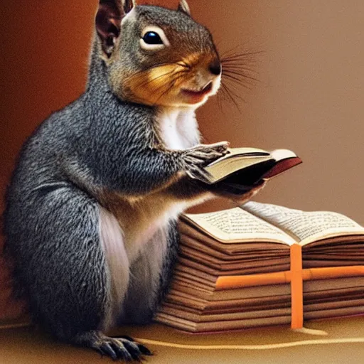 Prompt: of a matte painting of a squirrel in a blazer reading a book