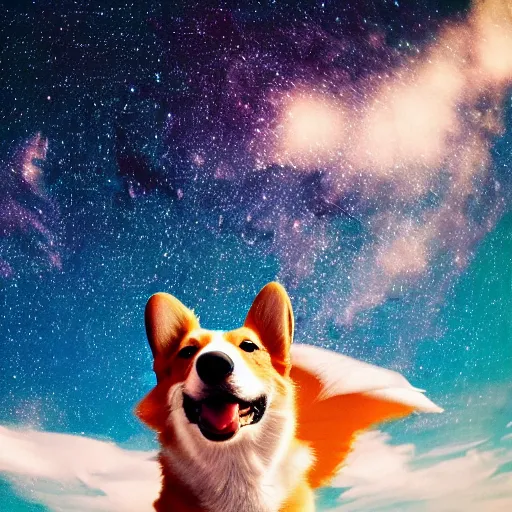 Image similar to corgi with [ angelic wings ]!!, [ flying like a superhero ]!! in the [ night sky ]!! where the stars are visibly perceptible, [ realistic photo ]!!, [ 4 k photorealism ]!!, trending on unsplash