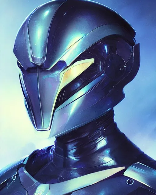 Prompt: character portrait of iridescent sinewy smooth muscular male sleek glossy bluish black pearlescent scifi armor with smooth black featureless helmet, by greg rutkowski, mark brookes, jim burns, tom bagshaw, magali villeneuve, eve ventrue, trending on artstation