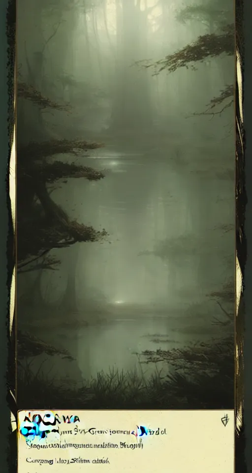 Prompt: a card design for a card game, swamp, moor, by greg rutkowski, konami, sharp focus, highly detailed,