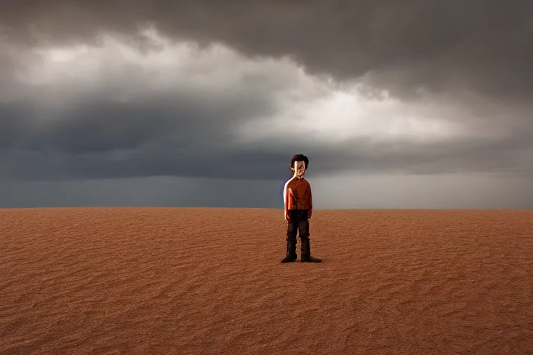 Image similar to a cinematic wide angle shot of a boy in the movie dune, in a serene vast desert, stormy weather, dry, film still, cinematic, movie still, dramatic lighting, 1 6 : 9 ratio