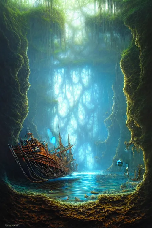 Image similar to a pirateship wreck in a crystal gorge, river running thru the middle, by tomasz alen kopera and Justin Gerard.