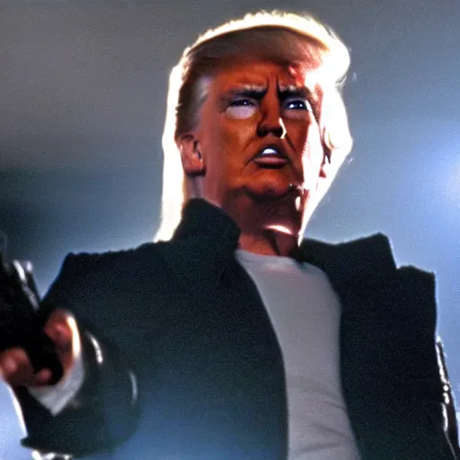 Image similar to donald trump in terminator 2 judgment day, film still from terminator 2 judgment day, 2 6 mm