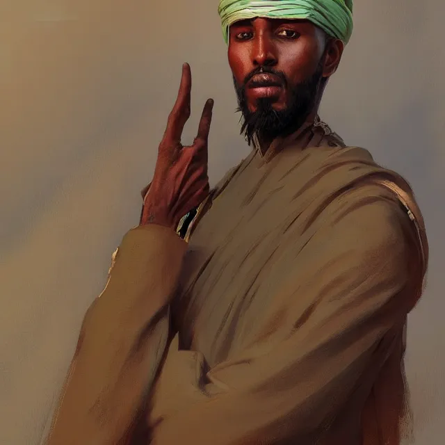 Prompt: somali man, somali attire, portrait, elegant, intricate, digital painting, artstation, concept art, smooth, sharp focus, illustration, art by konstantin korovin and daniel f. gerhartz and john howe