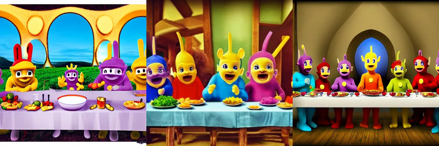 Prompt: the last supper in the style of teletubbies