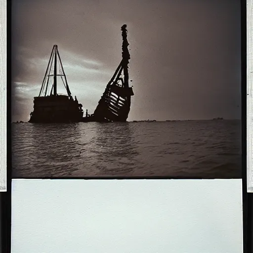 Image similar to towering rusty shipwreck, underwater, murky, megalophobia, old polaroid, expired film,