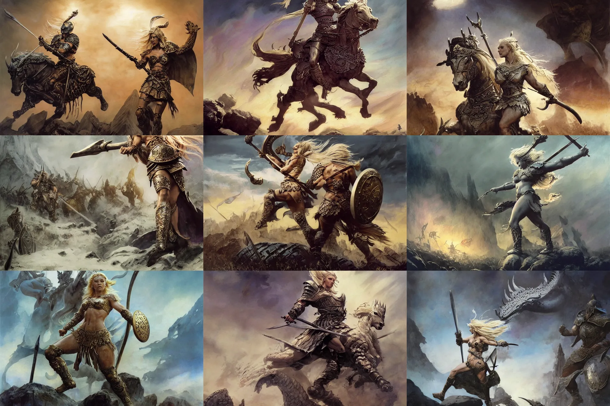 Prompt: A mixed media painting of a beautiful blonde viking woman running into battle, ancient armor, aesthetic, by Frank Frazetta, Greg Rutkowski, Boris Vallejo, Neal Hanson, Christian MacNevin, epic fantasy character art, goddess of war, goddess of anger, high fantasy, Exquisite detail, post-processing, low angle, masterpiece, cinematic, colossal dragon in background