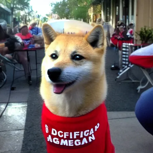 Prompt: doge wearing a make america great again cap