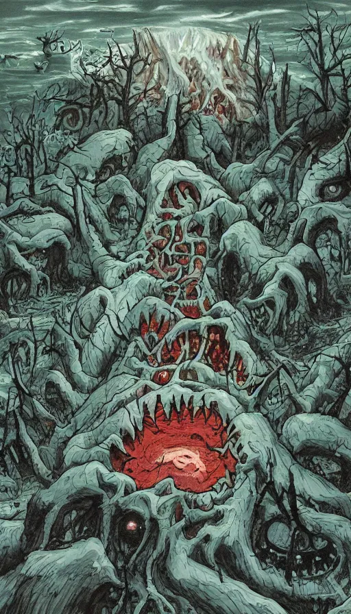 Image similar to a storm vortex made of many demonic eyes and teeth over a forest, by studio ghibli