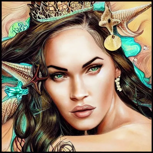 Image similar to “Megan Fox portrait, fantasy, mermaid, cartoon, pearls, glowing hair, shells, gills, crown, water, highlights, starfish, goddess jewelry, realistic, digital art, pastel, magic, fiction, ocean, game”