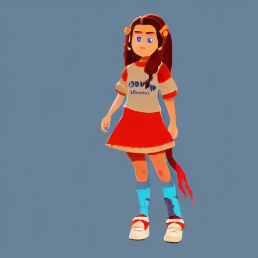 Image similar to Concept art of a 12yo cute indigenous little girl Pixar-style with a white t-shirt with red sleeves and regular blue jeans with cool shoes, her hair and eyes are imbued with fire powers trending on artstation Even Amundsen