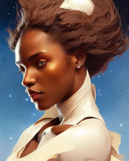 Image similar to Portrait of very very very very very very beautiful nigerian woman, spacesuit, blue eyes, real life skin, intricate, elegant, highly detailed, artstation, concept art, smooth, sharp focus, art by artgerm and greg rutkowski and alphonse mucha