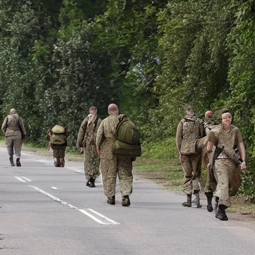 Prompt: world war 2 soldiers walking by a road, 20 meters tall spiders in the background