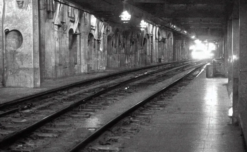 Prompt: old photo from 1 9 6 5. very large giant mutant ugly rat on railways in tonnel of moscow metro. extreme high detail. low light, scary atmosphere