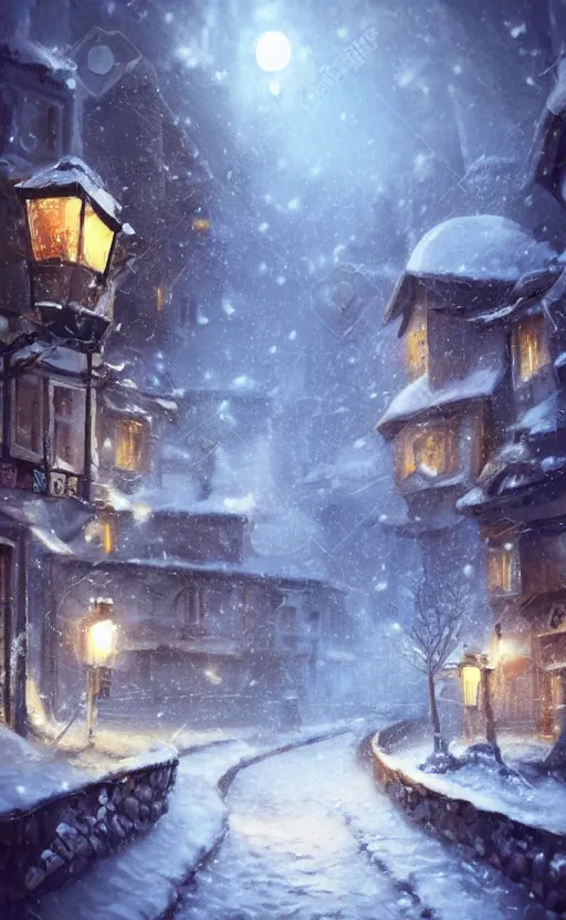 Prompt: a blurry ambient lantern in the distance of a snowy village at night, dynamic lighting, ambient lighting, atmospherical, photorealistic fantasy concept art, trending on art station, stunning visuals, creative, cinematic, ultra detailed
