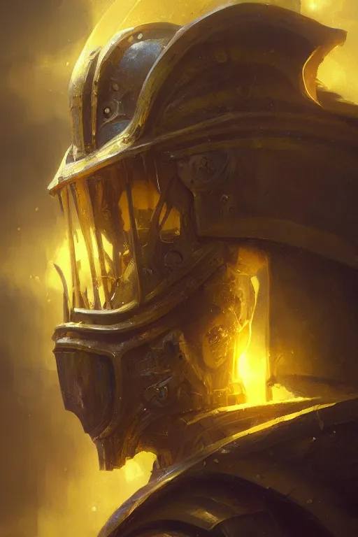 Image similar to A closeup of a yellow holy knight by Greg Rutkowski, Dan Mumford, Christophe Vacher, 4k photorealistic, volumetric lighting, HD, high details, dramatic, trending on artstation