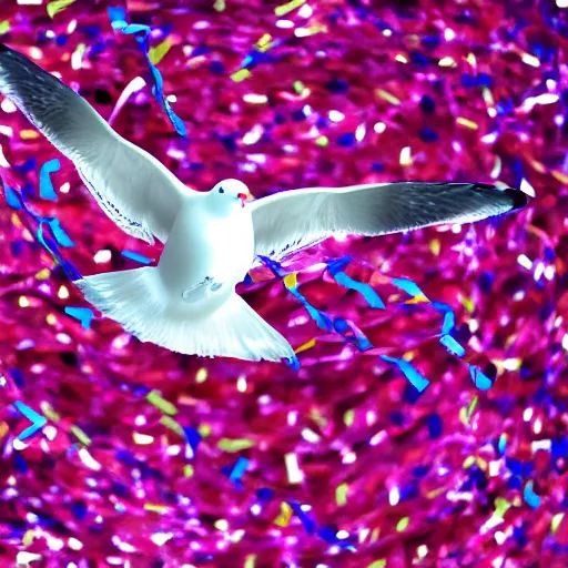 Prompt: a seagull with party streamers for wings, uhd, 8 k