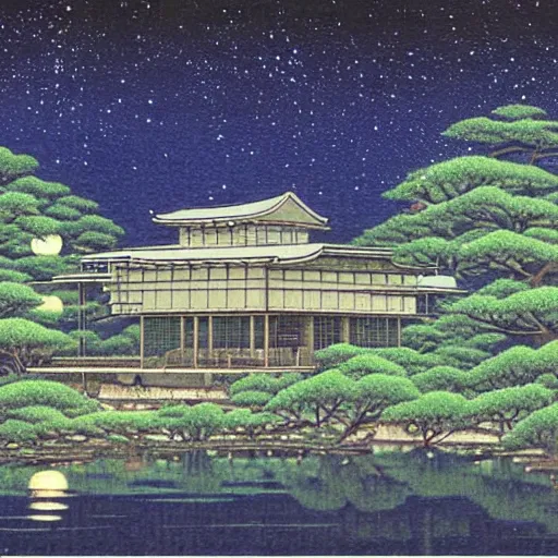 Prompt: painting by Hasui Kawase, atmospheric cozy futuristic organic white concrete house in the middle of a lush and dense forest at night, a beautiful lake next to it, night time, night sky, starry night sky, by Hasui Kawase