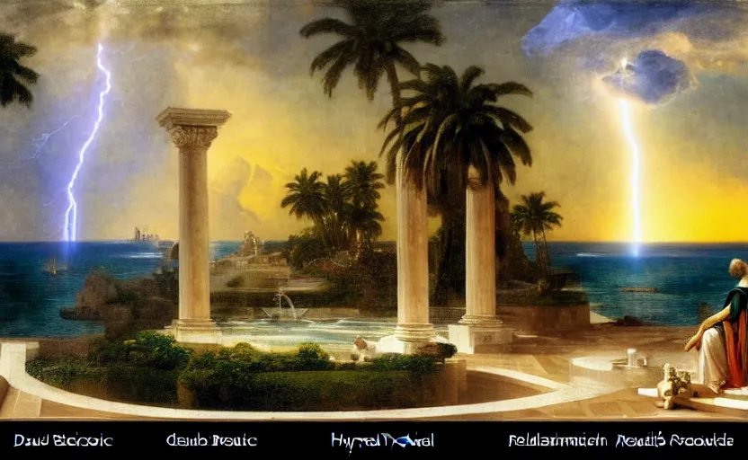 Image similar to mediterranean balustrade and columns, refracted lightnings on the ocean, thunderstorm, fountain, greek pool, beach and Tropical vegetation on the background major arcana sky and occult symbols, by paul delaroche, hyperrealistic 4k uhd, award-winning, very detailed paradise