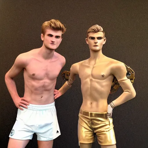 Image similar to a realistic detailed photo of a guy who is an attractive humanoid who is half robot and half humanoid, who is a male android, soccer players martin ødegaard & timo werner, shiny skin, posing like a statue, blank stare, in a living room, on display, showing off his muscles, gold soccer shorts, no jersey, statue, many copies of them