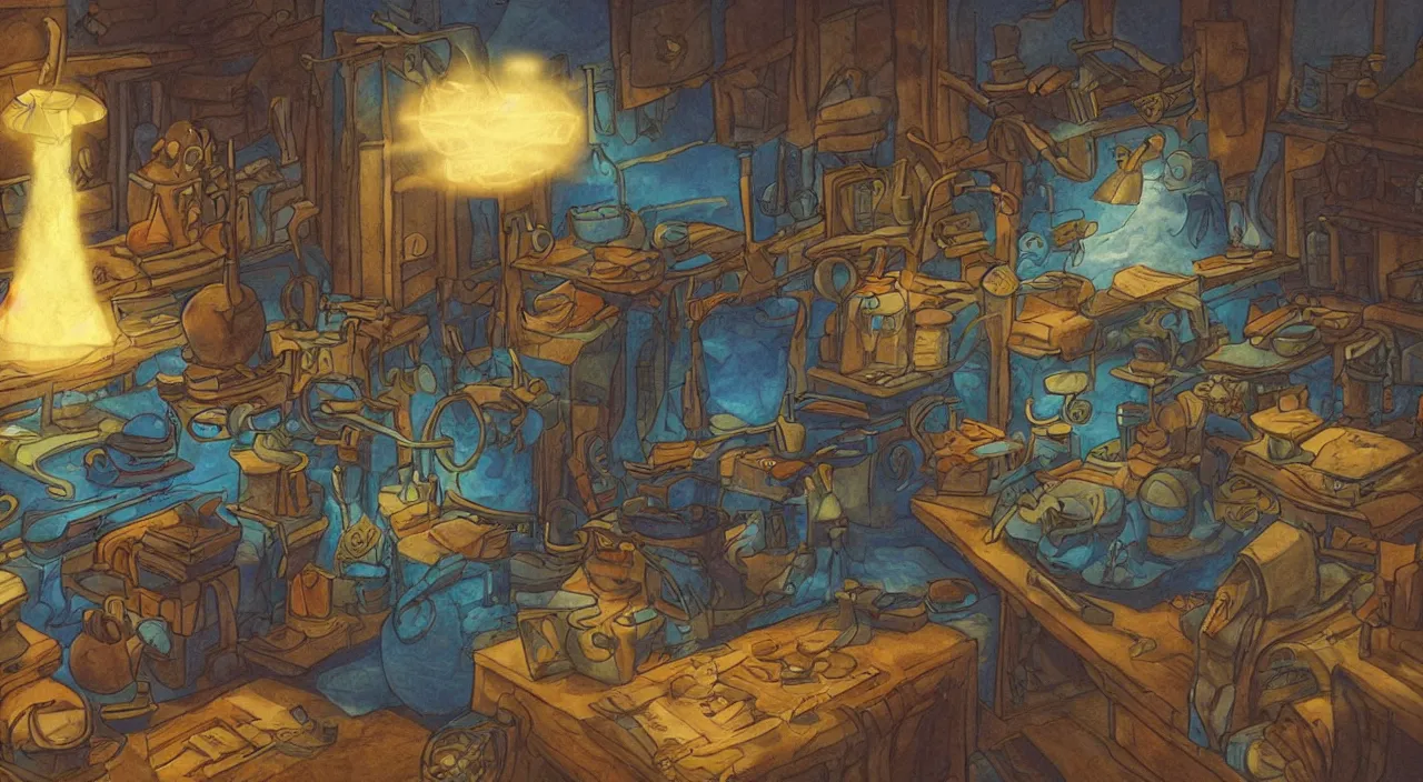 Image similar to cartoon wizard, scrolls of magic , blue light , shelves of scrolls and magic books , pot of alchemy , Dramatic lighting, Epic composition, Wide angle, by Miyazaki, Nausicaa Ghibli