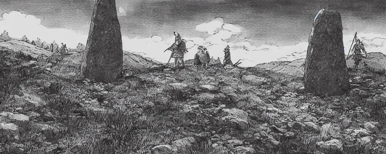 Prompt: very detailed meadow mountain landscape with a menhir in the foreground, medieval warriors wearing plate armor resting, flag, by takehiko inoue, fine black ink