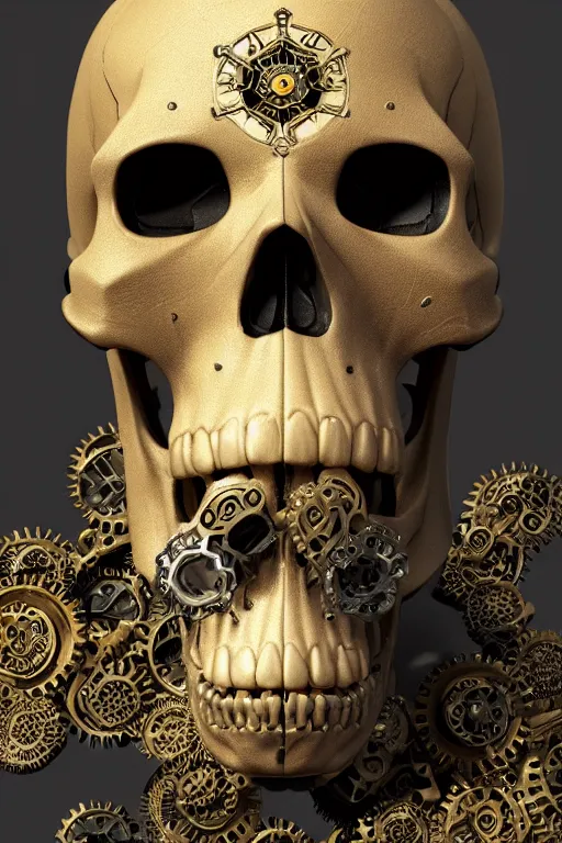 Image similar to hyperrealistic 3 d render skull, the skull is decorated with art deco gears patterns, hyperrealistic, volumetric lighting, ultra detailed, elegant, octane render, blue and gold, 8 k, trending on artstation, unreal engine