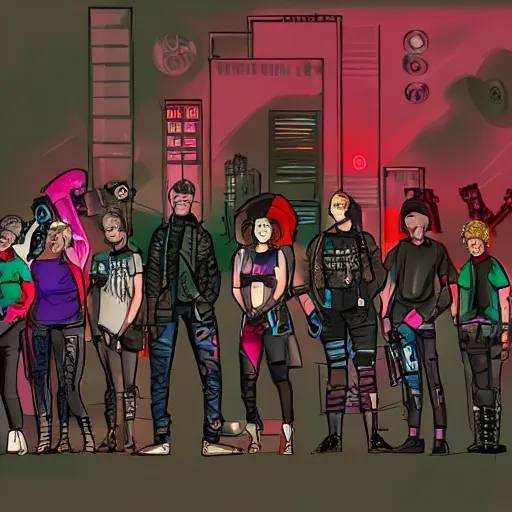 Prompt: group photo of a cyberpunk gang